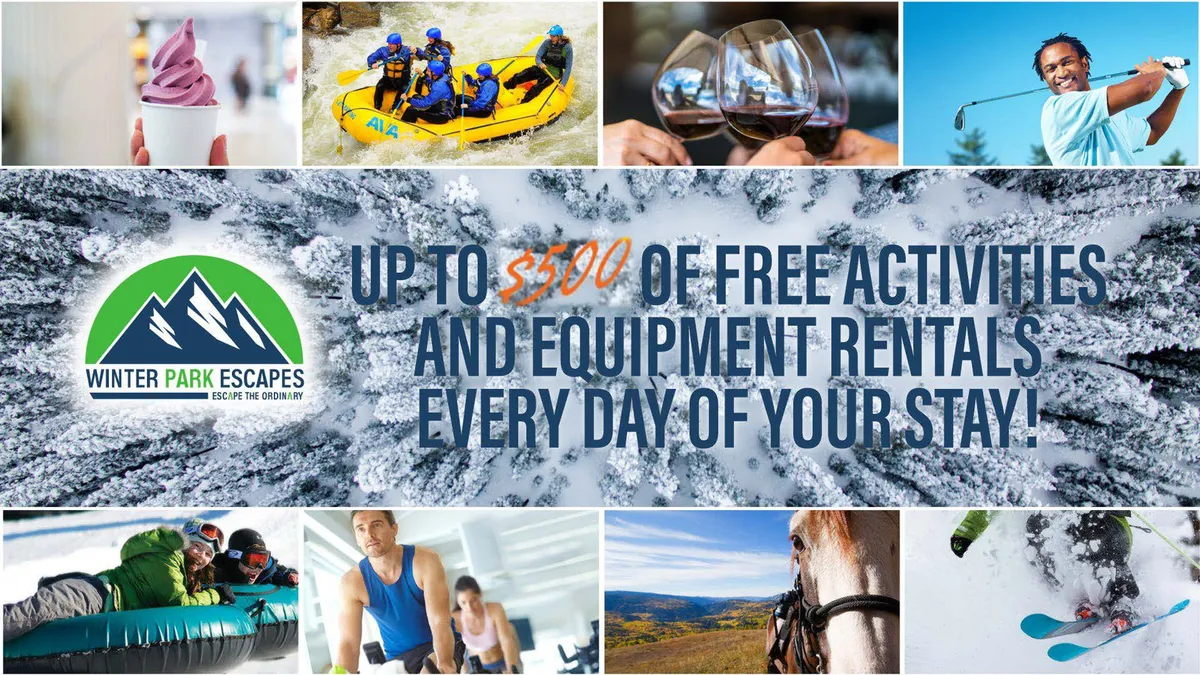 A lively collage of outdoor activities including rafting on a river, skiing, eating ice cream, playing golf, wine tasting, snow tubing, and horseback riding. The image radiates excitement and the variety of adventures available nearby.