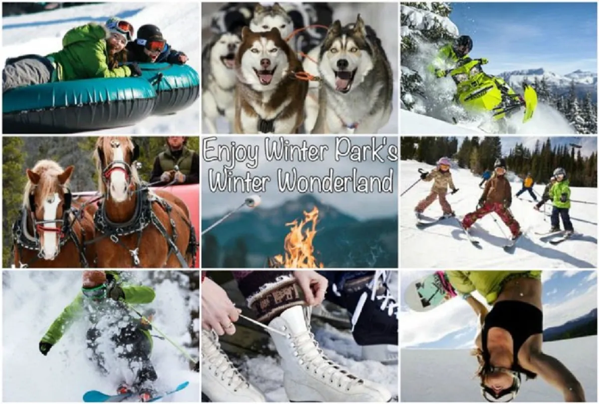 A lively winter scene featuring people tubing down snowy slopes, a group of huskies for dog sledding, snowboarders in action, a horse-drawn sleigh, children playing in the snow, and a cozy gathering around a fire pit. Snow blankets the landscape, giving a classic Rocky Mountain winter ambiance.