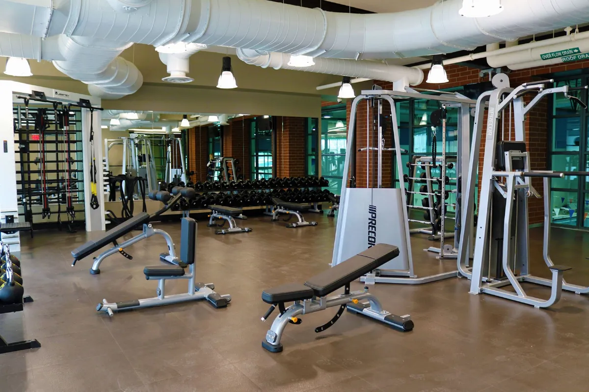 A modern gym filled with weightlifting equipment, a bench press, a dumbbell rack, and mirrored walls. The space is bright and organized, offering a motivating environment for workouts.